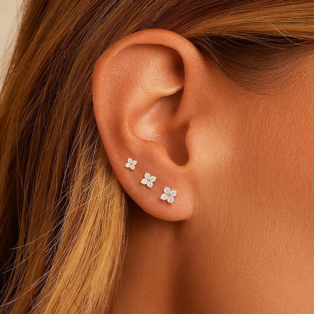 New! 1Gold  Flower Earrings Set 3 Pairs  (1045)